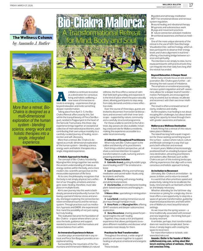 Amanda J Butler's Wellness Column in the Mallorca Bulletin: Bio-Chakra Retreat Mallorca: A Transformational Wellness Experience in the Tramuntana