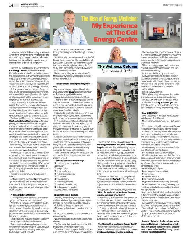Amanda J Butler's Wellness Column in the Mallorca Bulletin: Energy Medicine in Mallorca: My 8-Week Experience at Cell Energy Centre, Santa Ponsa