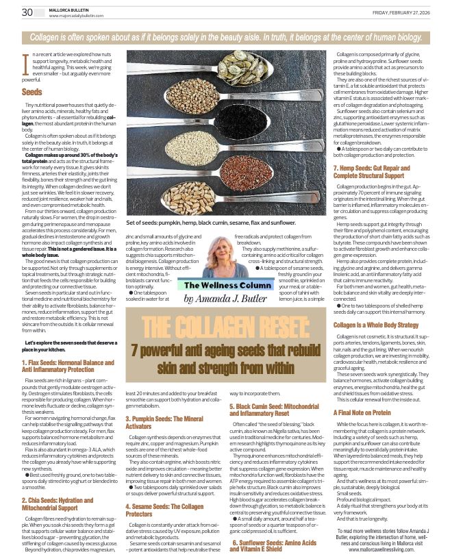 Amanda J Butler's Wellness Column in the Mallorca Bulletin: The Collagen Code: 7 Powerful Anti Ageing Seeds That Rebuild Skin and Strength From Within
