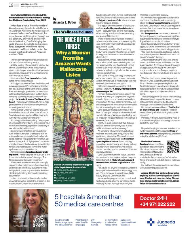 Amanda J Butler's Wellness Column in the Mallorca Bulletin: The Voice of the Forest: What Indigenous Wisdom Teaches Us About Nature, Wellness and Conscious Living in Mallorca