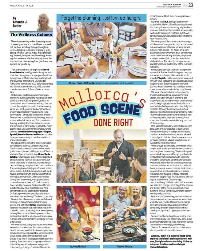 Amanda J Butler's Wellness Column in the Mallorca Bulletin: A Fun and Simple Way to Discover Something New: Food Tours in Mallorca