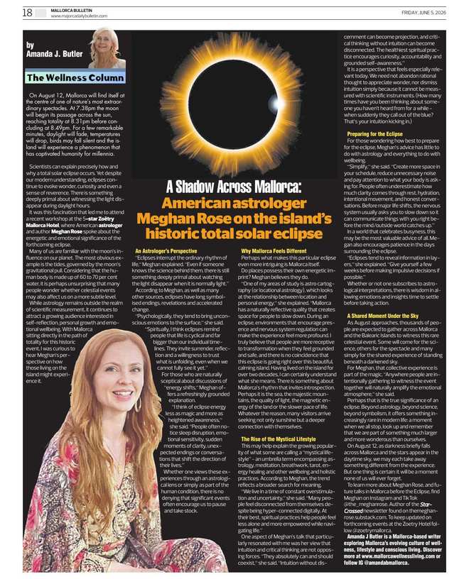 Amanda J Butler's Wellness Column in the Mallorca Bulletin: A Shadow Across Mallorca: Astrologer Meghan Rose on the August 2026 Total Solar Eclipse