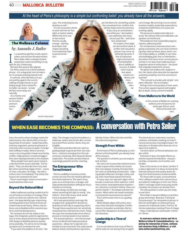 Amanda J Butler's Wellness Column in the Mallorca Bulletin: When Ease Becomes the Compass: A Conversation with Petra Seiler
