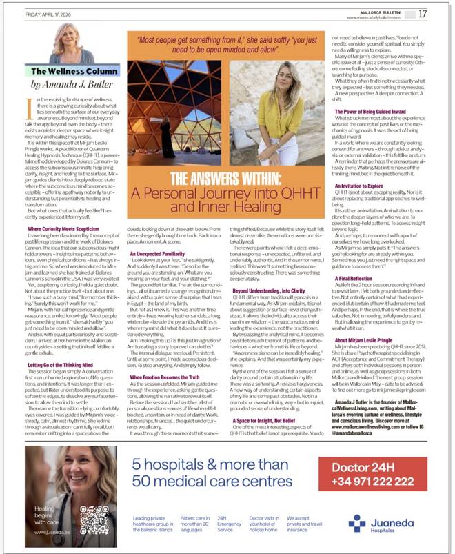 Amanda J Butler's Wellness Column in the Mallorca Bulletin: The Answers Within: A Personal QHHT Experience in Mallorca