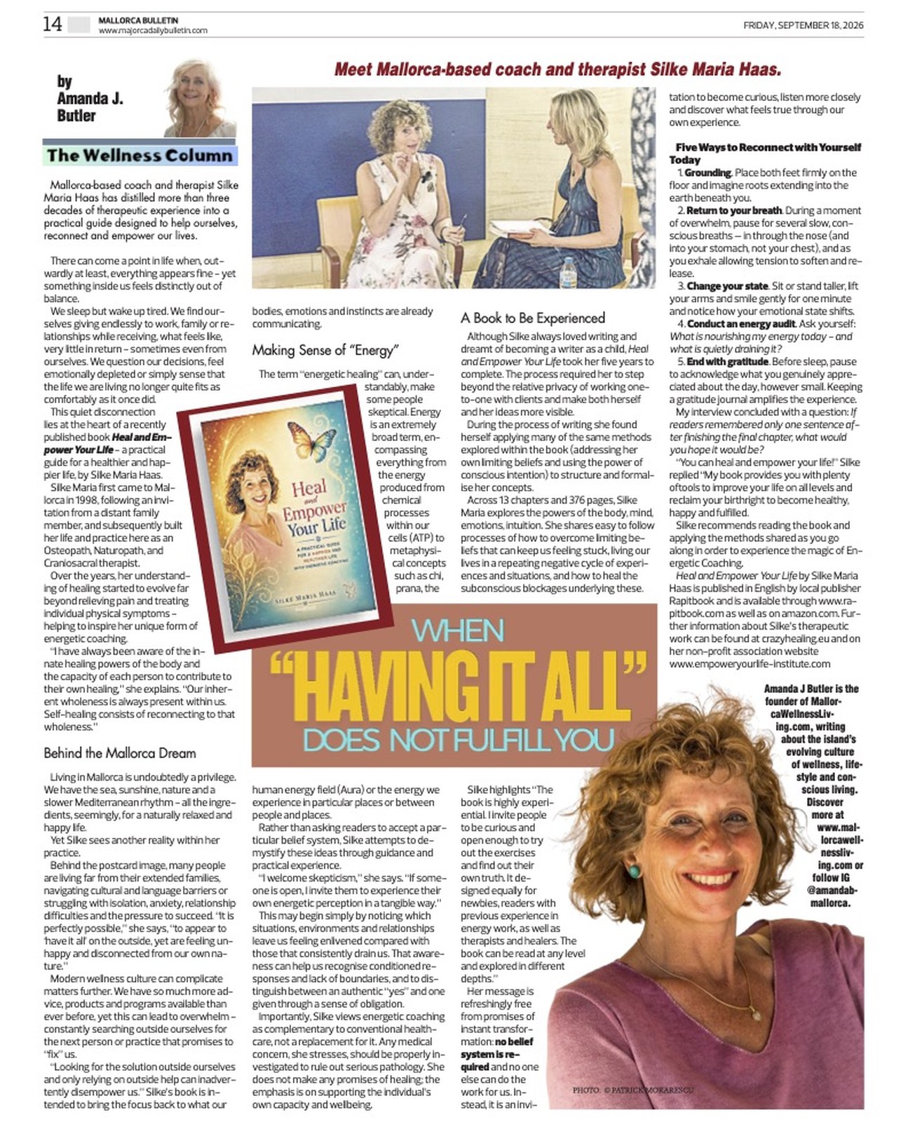 Amanda J Butler's Wellness Column featuring Silke Maria Haas in the Mallorca Bulletin