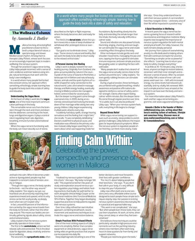 Amanda J Butler's Wellness Column in the Mallorca Bulletin: Finding Calm Within: Vagus Nerve Toning in Mallorca with Libby Pickett