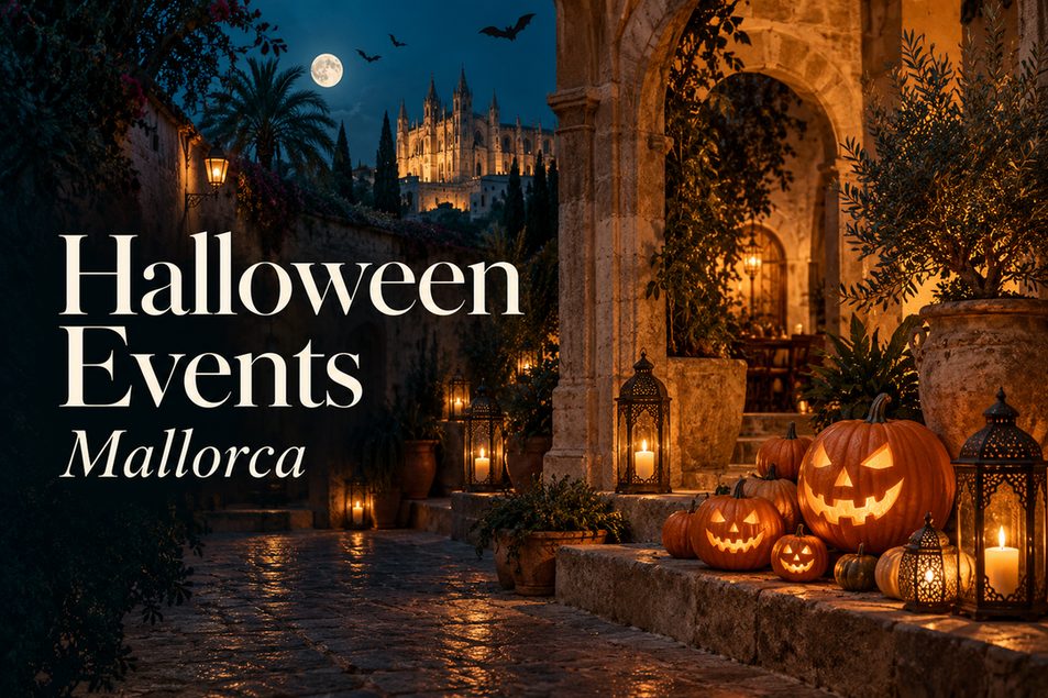 Halloween pumpkins and lanterns in a Palma street with the cathedral behind, Halloween events in Mallorca