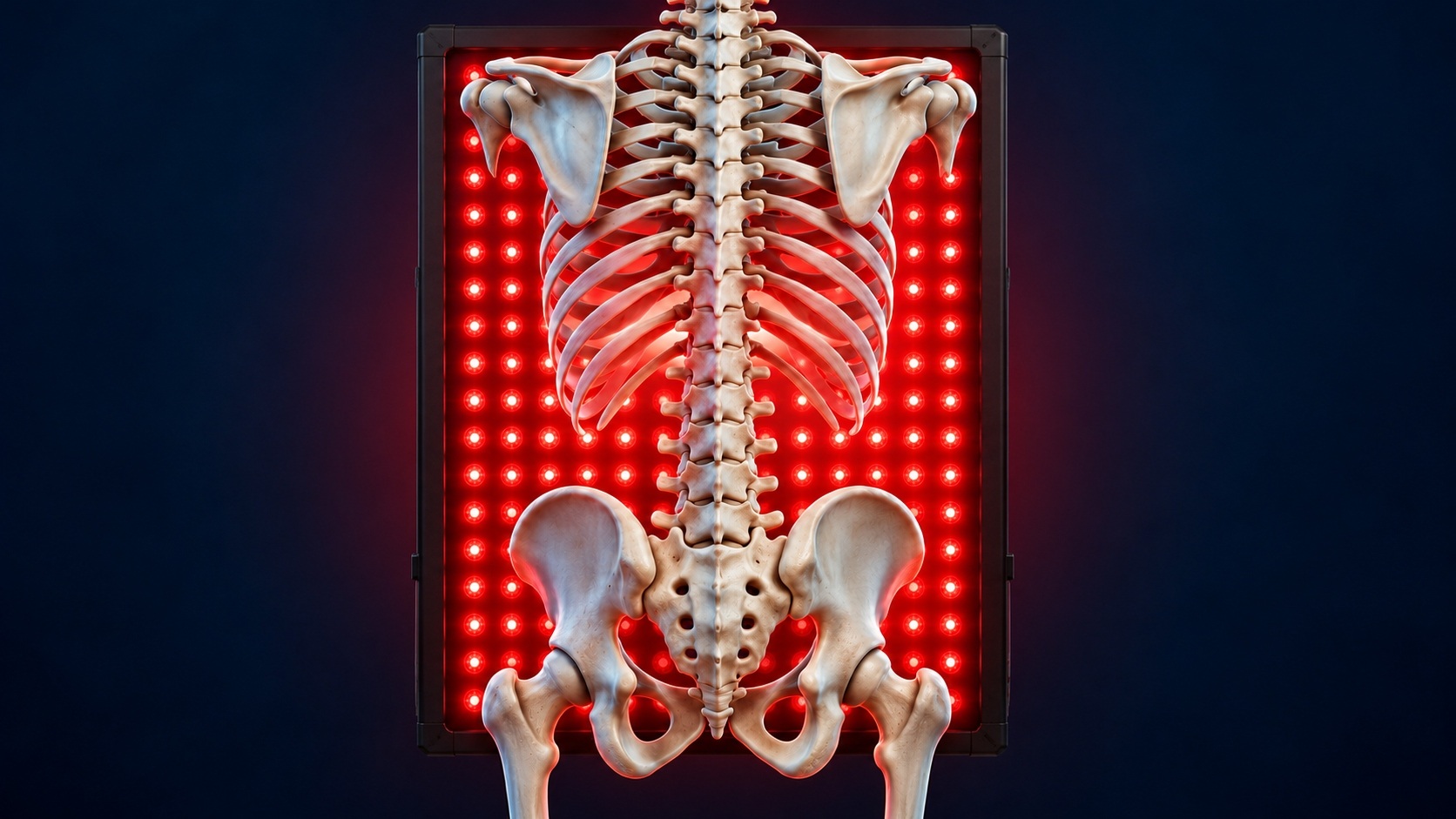 Healthy human spine and pelvis glowing in front of a red light therapy panel