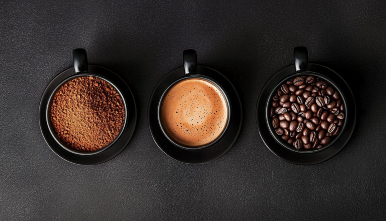 Three black cups in a row seen from above, holding instant coffee granules, an espresso with crema and roasted coffee beans