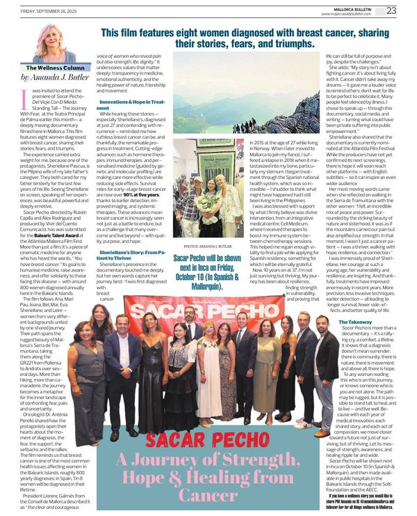 Mallorca Bulletin page featuring Amanda J Butler’s Wellness Column on the Sacar Pecho documentary