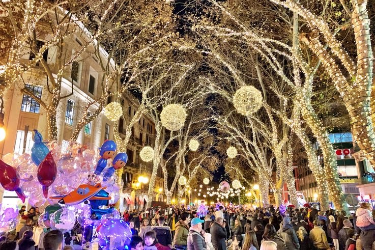 Christmas lights strung through the trees of a busy tree-lined avenue in Palma, Mallorca