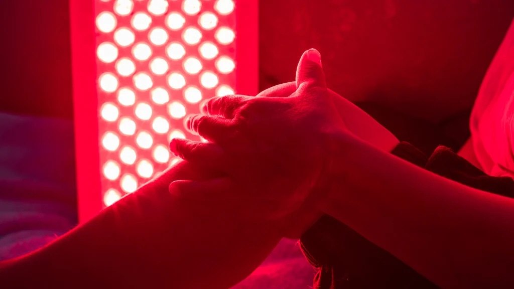 Hands held in front of a red and near-infrared light therapy panel