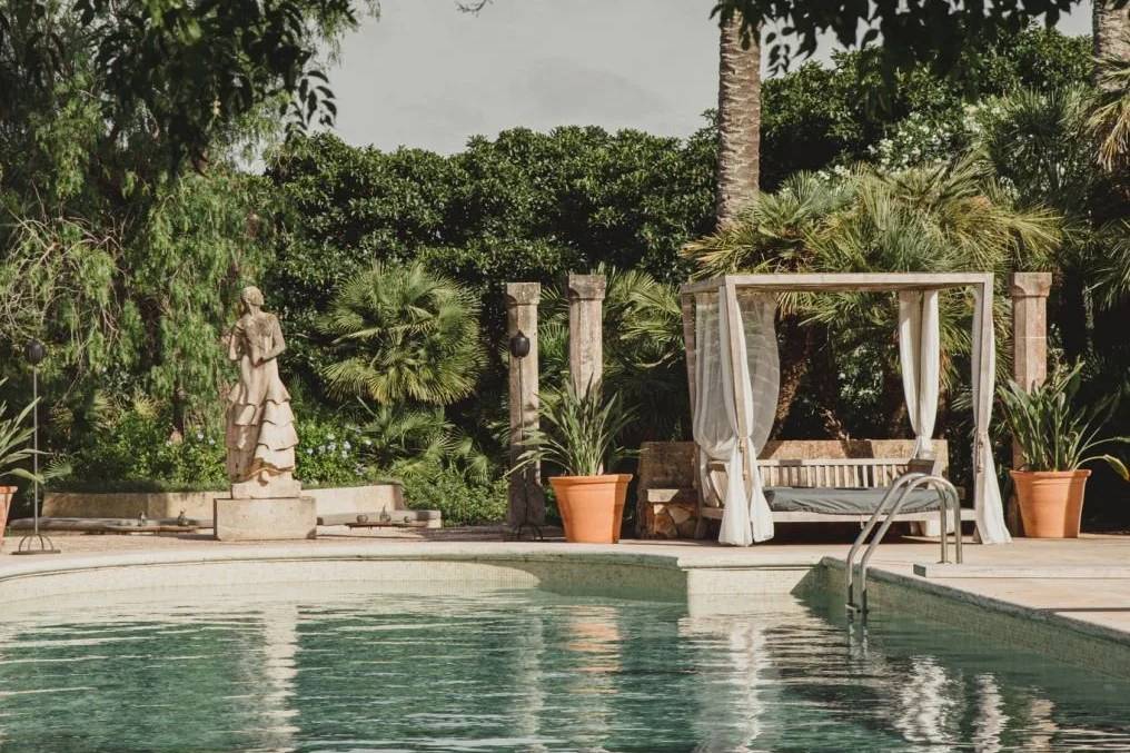 Garden pool and pergola at Cal Reiet, venue for the Sacred Winter Immersion yoga retreat, Mallorca