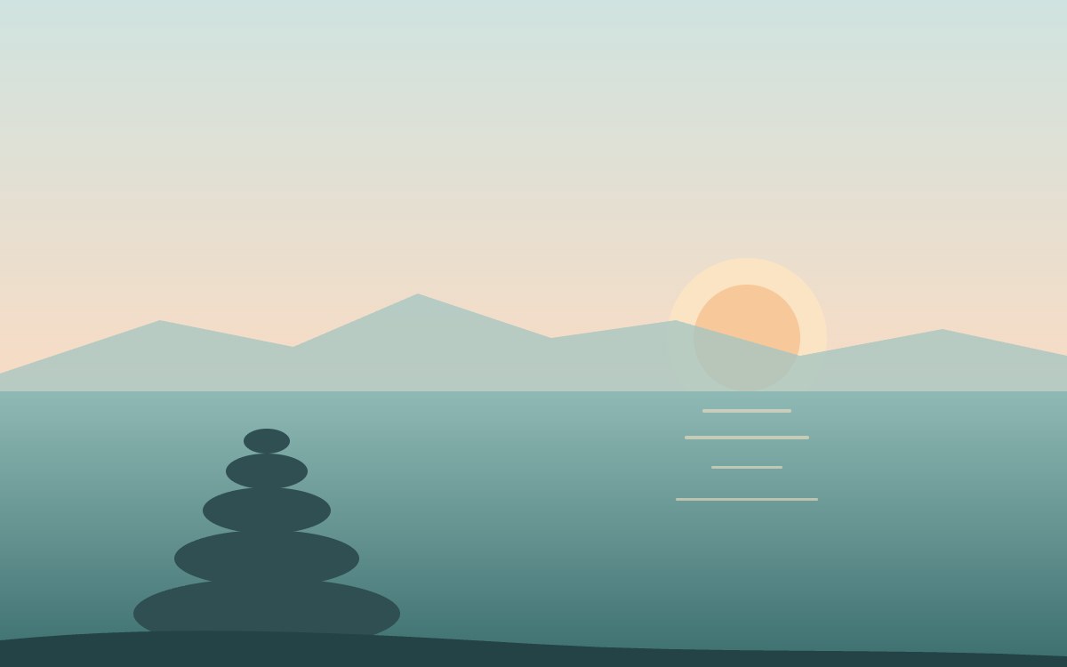 Illustration of balanced stones by a calm Mallorca sea at sunrise, wellness events