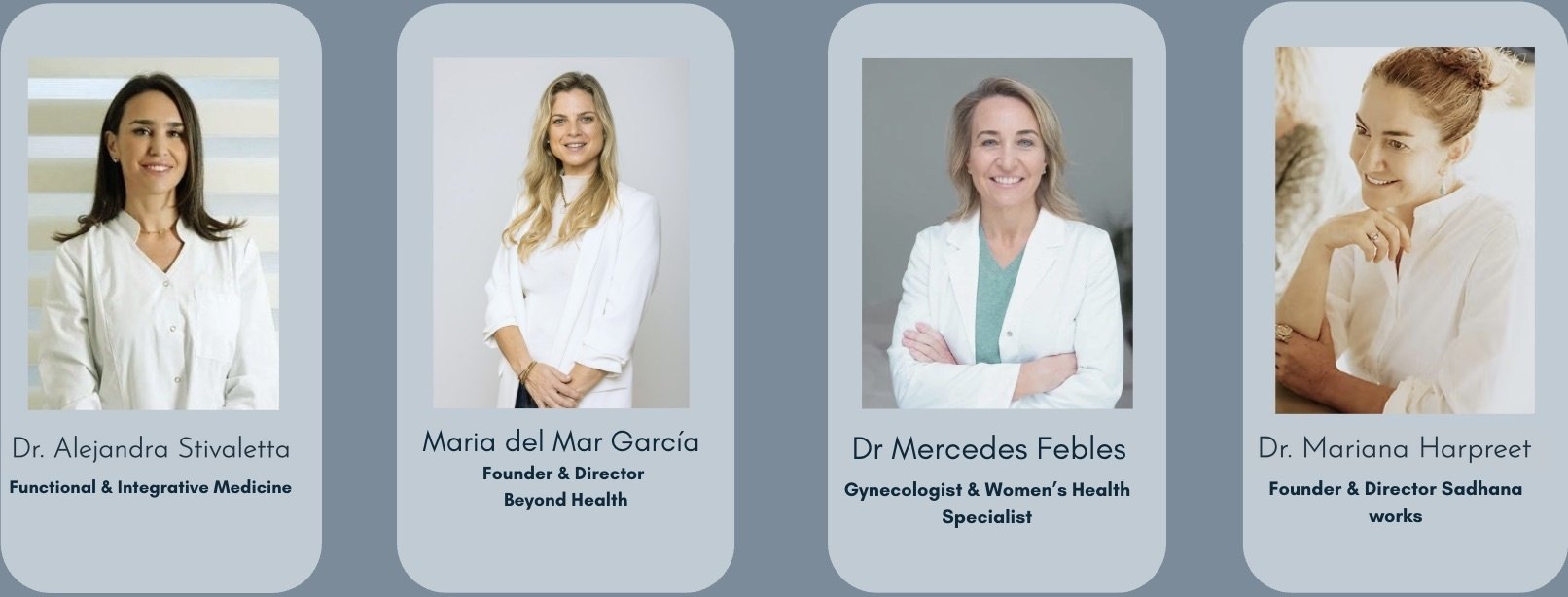 Speakers at the Women's Integral Health Festival Mallorca, including Dr. Alejandra Stivaletta, María del Mar García, Dr. Mercedes Febles and Dr. Mariana Harpreet