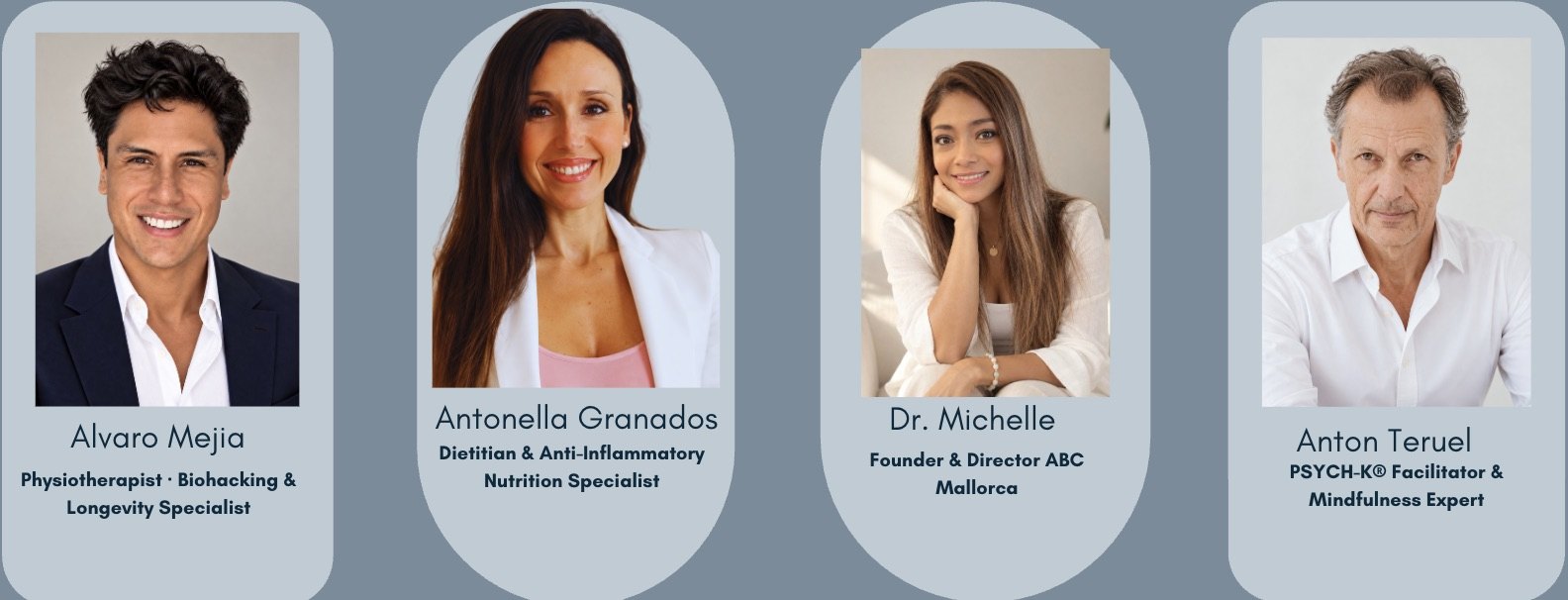 Speakers at the Women's Integral Health Festival Mallorca, including Álvaro Mejía, Antonella Granados, Dr. Michelle and Anton Teruel